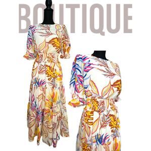 BOHO  Floral Flying Tomato Dress Fall  Ruffles womens size small Puff Sleeve